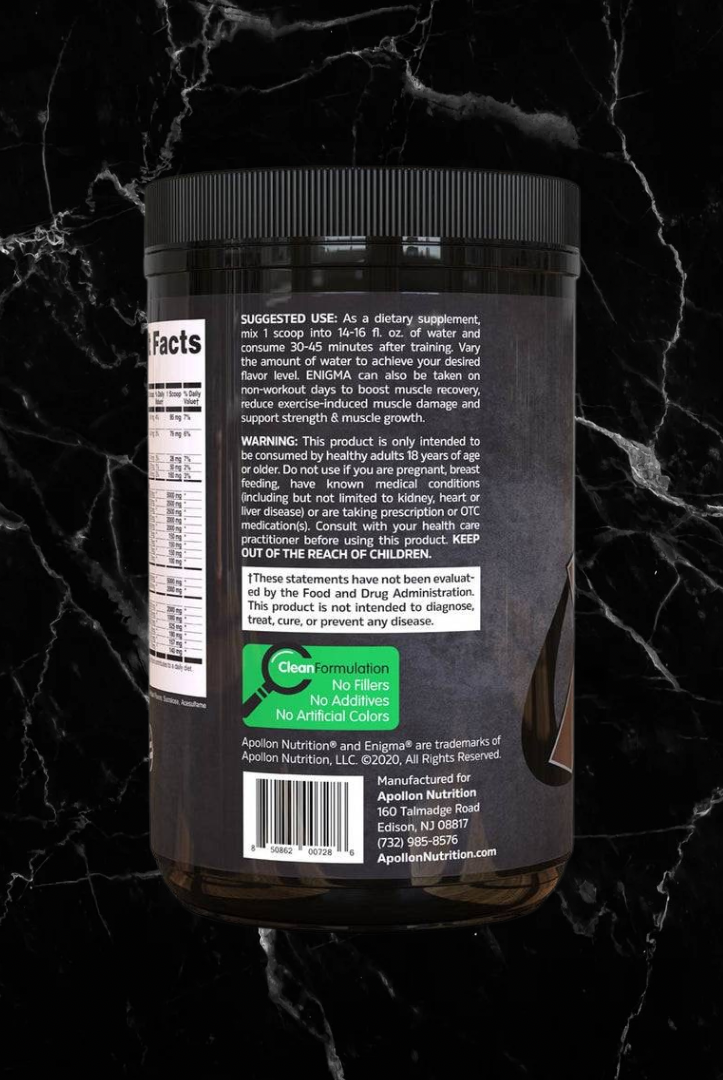 Back label of Enigma EAA BCAA Recovery Drink with Electrolytes highlighting clean formulation with no fillers, additives, or artificial colors.
