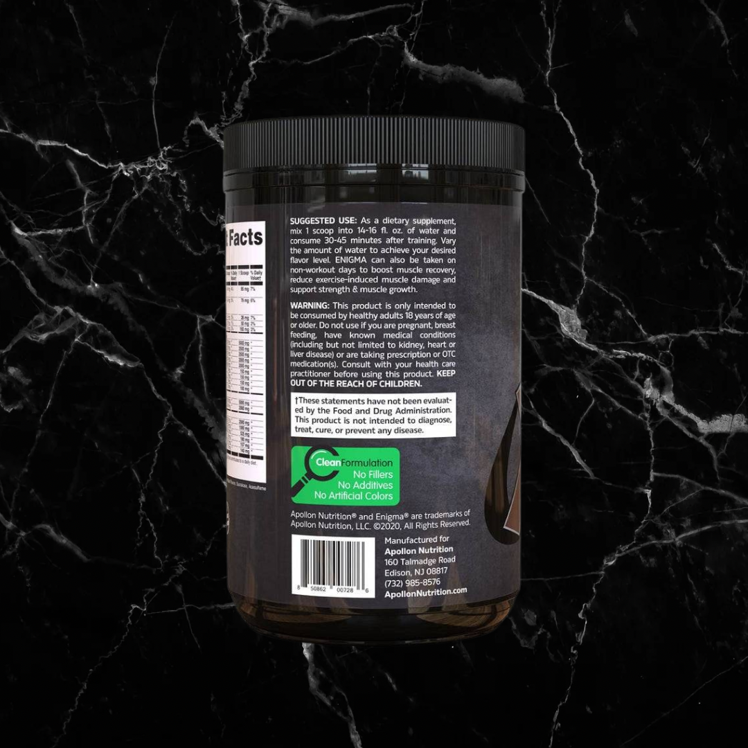 Back label of Enigma EAA BCAA Recovery Drink with Electrolytes highlighting clean formulation with no fillers, additives, or artificial colors.