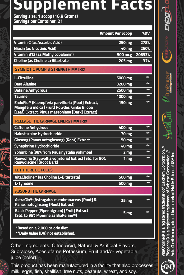 Nutrifitt Carnage Pre Workout Supplement Facts label