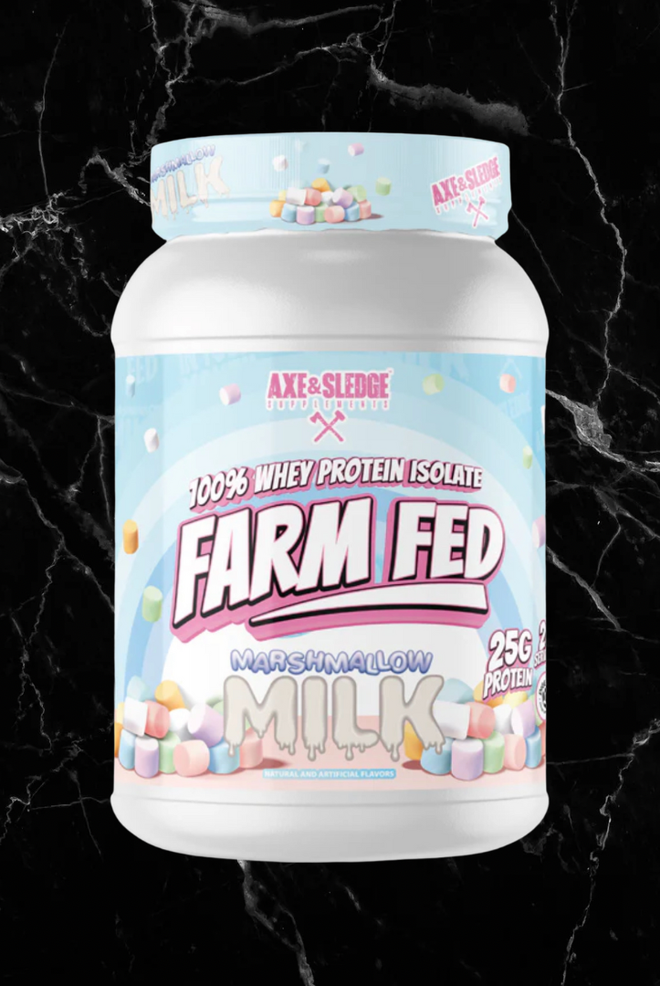 Farm Fed Protein - Pure Isolate Powerhouse in Marshmallow Milk flavor with 25g protein per serving, low carb, ideal for fitness and recovery.