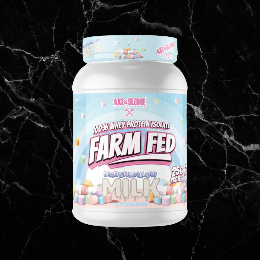 Farm Fed Protein - Pure Isolate Powerhouse in Marshmallow Milk flavor with 25g protein per serving, low carb, ideal for fitness and recovery.