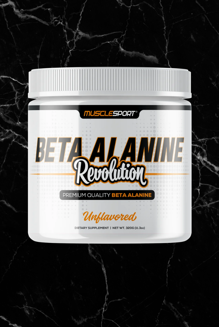 MuscleSport Beta Alanine Revolution supplement container with bold label design, ideal for boosting workout endurance and performance.