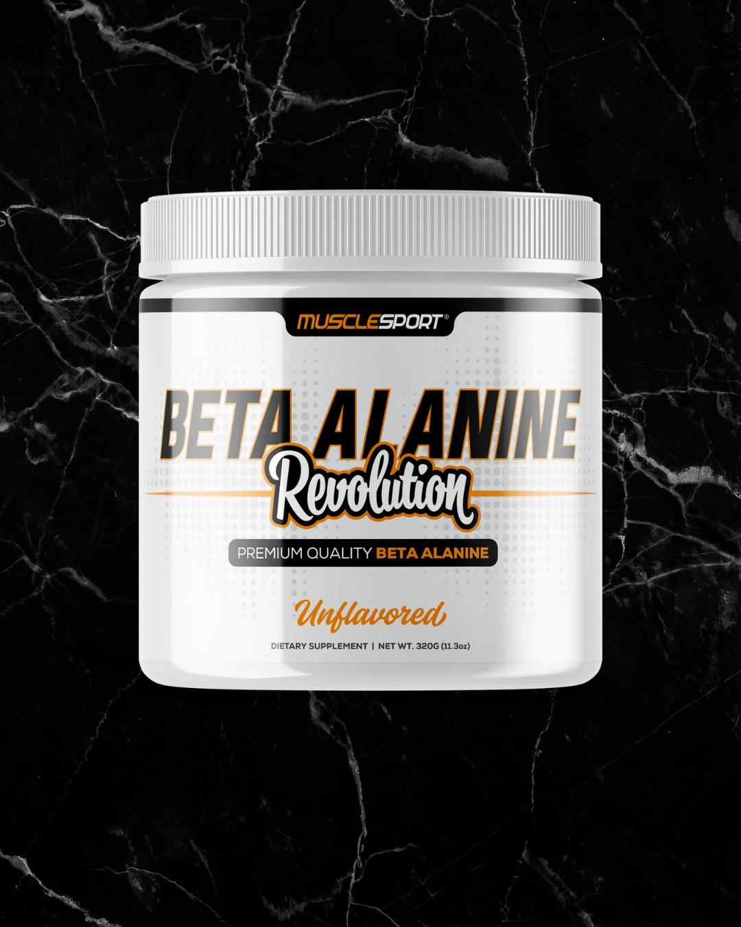 MuscleSport Beta Alanine Revolution supplement container with bold label design, ideal for boosting workout endurance and performance.