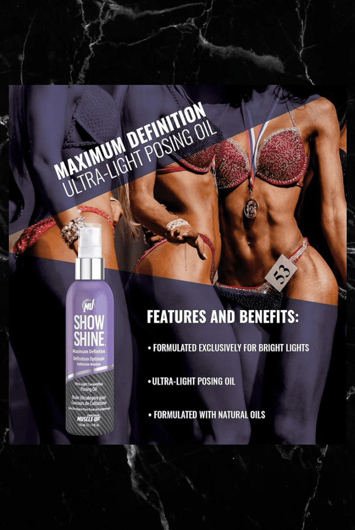 Pro Tan Show Shine Competition Posing Oil Spray displayed with female bodybuilders, highlighting benefits like ultra-light formula and natural oils.