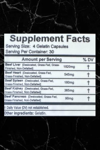 Supplement facts panel for Grass-Fed Beef Organs capsules showing nutrient content from liver, heart, kidney, spleen, and pancreas per serving.