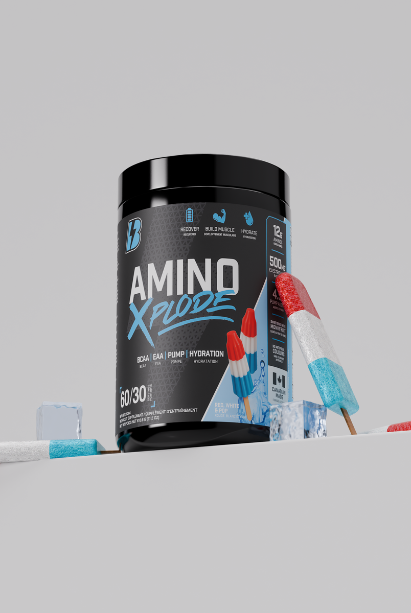 Rocket Pop flavor Amino Xplode supplement with ice and popsicles, highlighting its refreshing taste and EAA/BCAA hydration benefits.