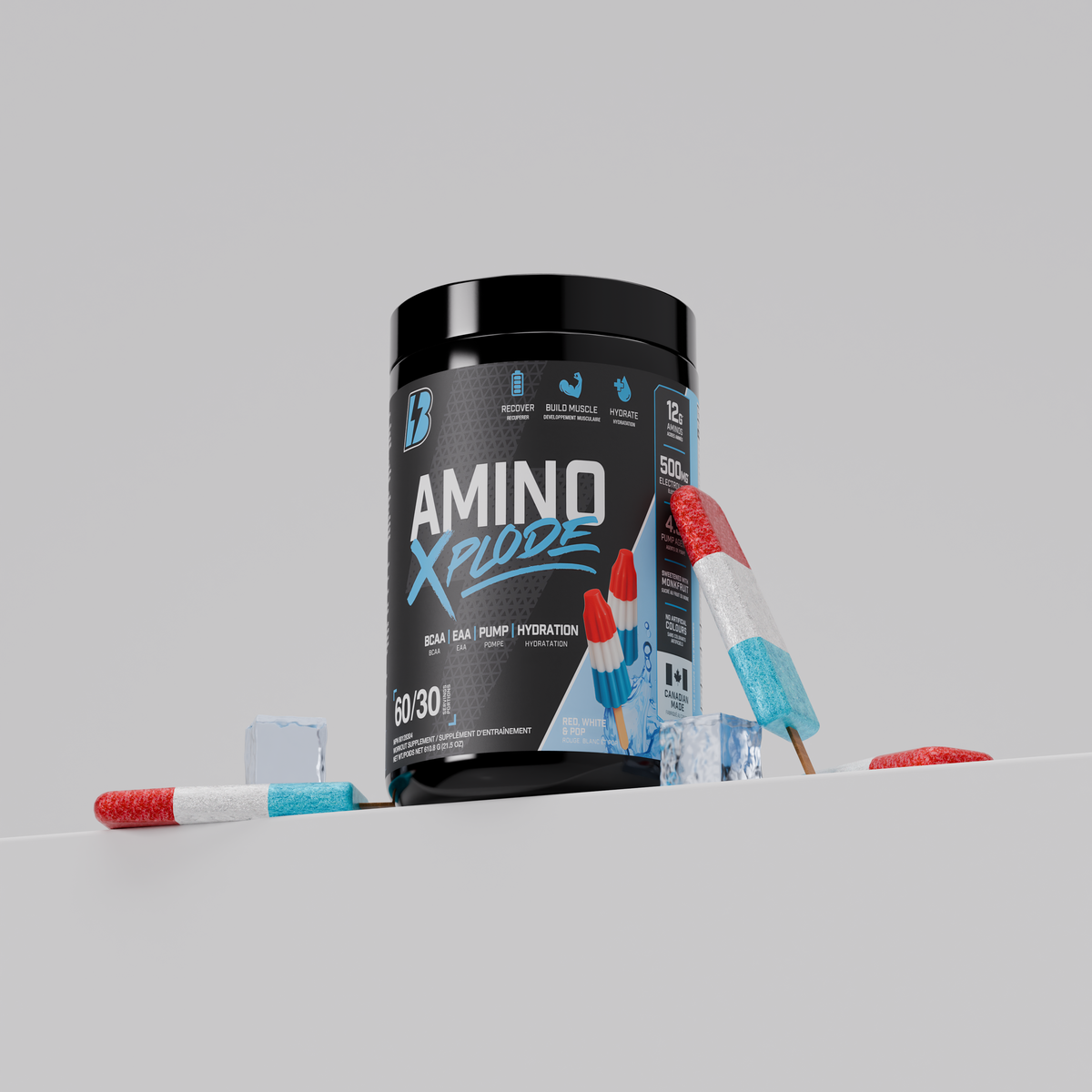 Rocket Pop flavor Amino Xplode supplement with ice and popsicles, highlighting its refreshing taste and EAA/BCAA hydration benefits.