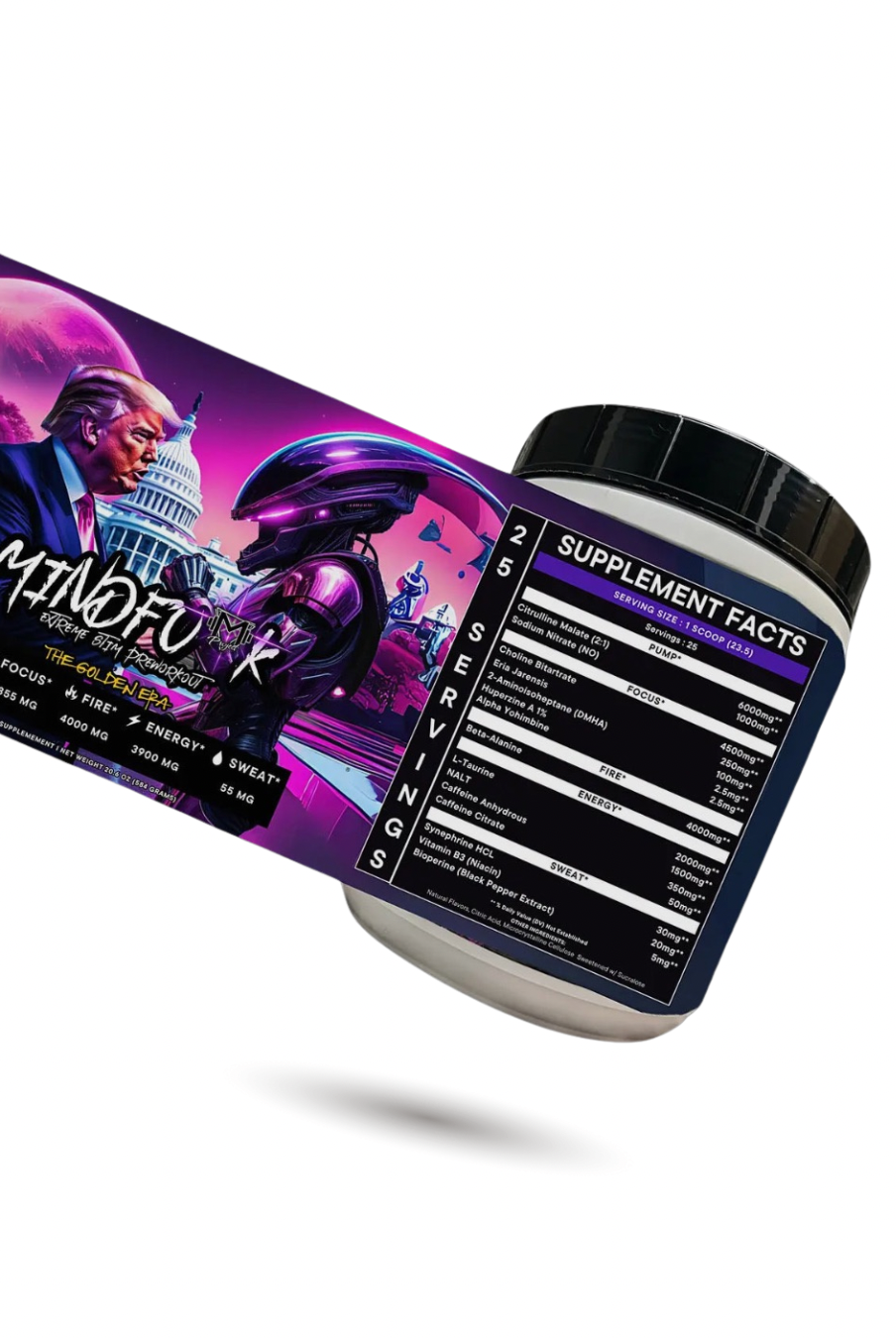 Project M Mindfu*k Extreme Stim Pre-Workout in coconut pineapple vanilla flavor with bold label art featuring futuristic characters and U.S. Capitol. High-stim energy supplement for focus and endurance.