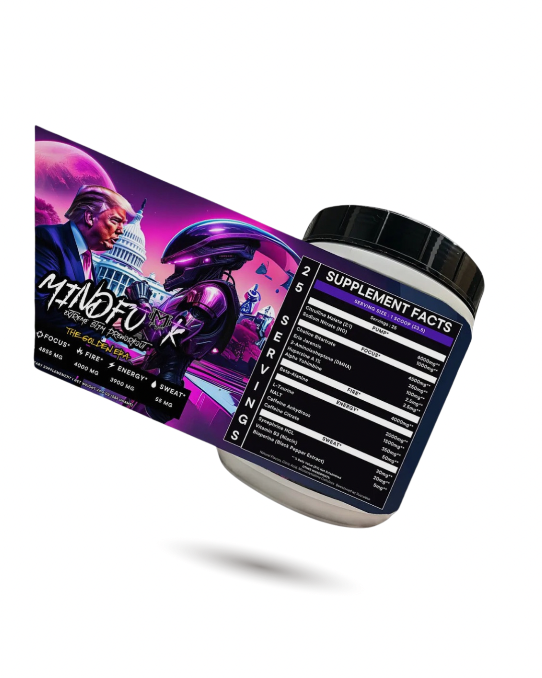 Project M Mindfu*k Extreme Stim Pre-Workout in coconut pineapple vanilla flavor with bold label art featuring futuristic characters and U.S. Capitol. High-stim energy supplement for focus and endurance.
