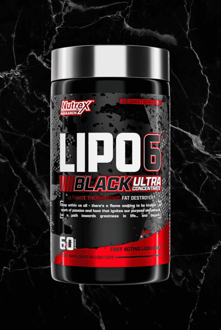 Nutrex Lipo6 BLACK Ultra Concentrate 60 servings bottle on black marble background. Fast-acting liquid capsule for weight loss support.
