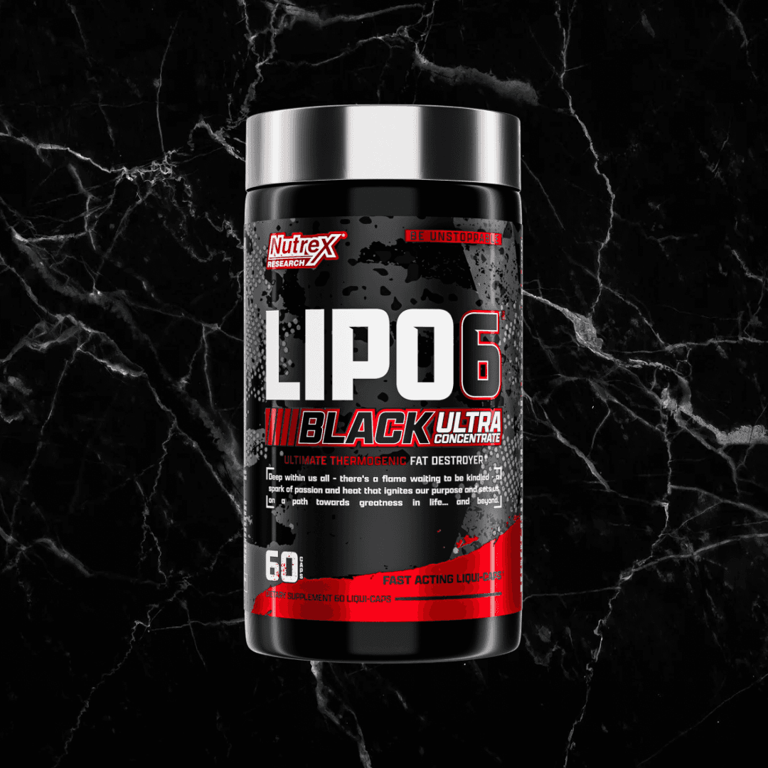 Nutrex Lipo6 BLACK Ultra Concentrate 60 servings bottle on black marble background. Fast-acting liquid capsule for weight loss support.
