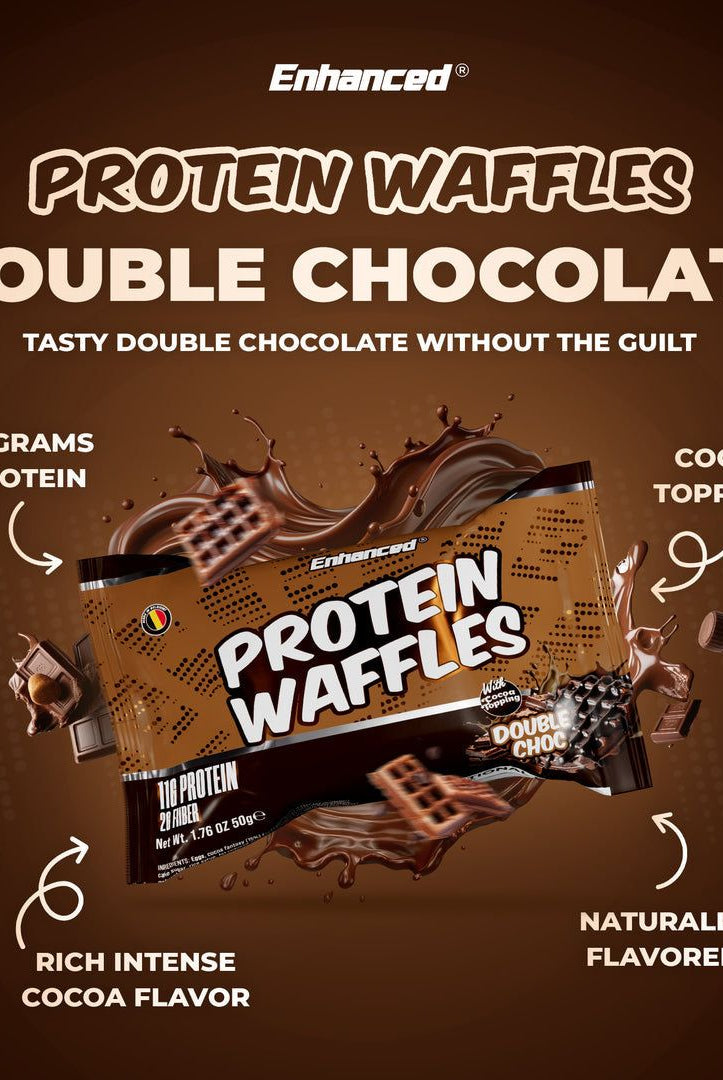 Enhanced Protein Waffles Double Chocolate flavor with 10g protein, cocoa toppings, and rich chocolate taste, ideal fitness snack.