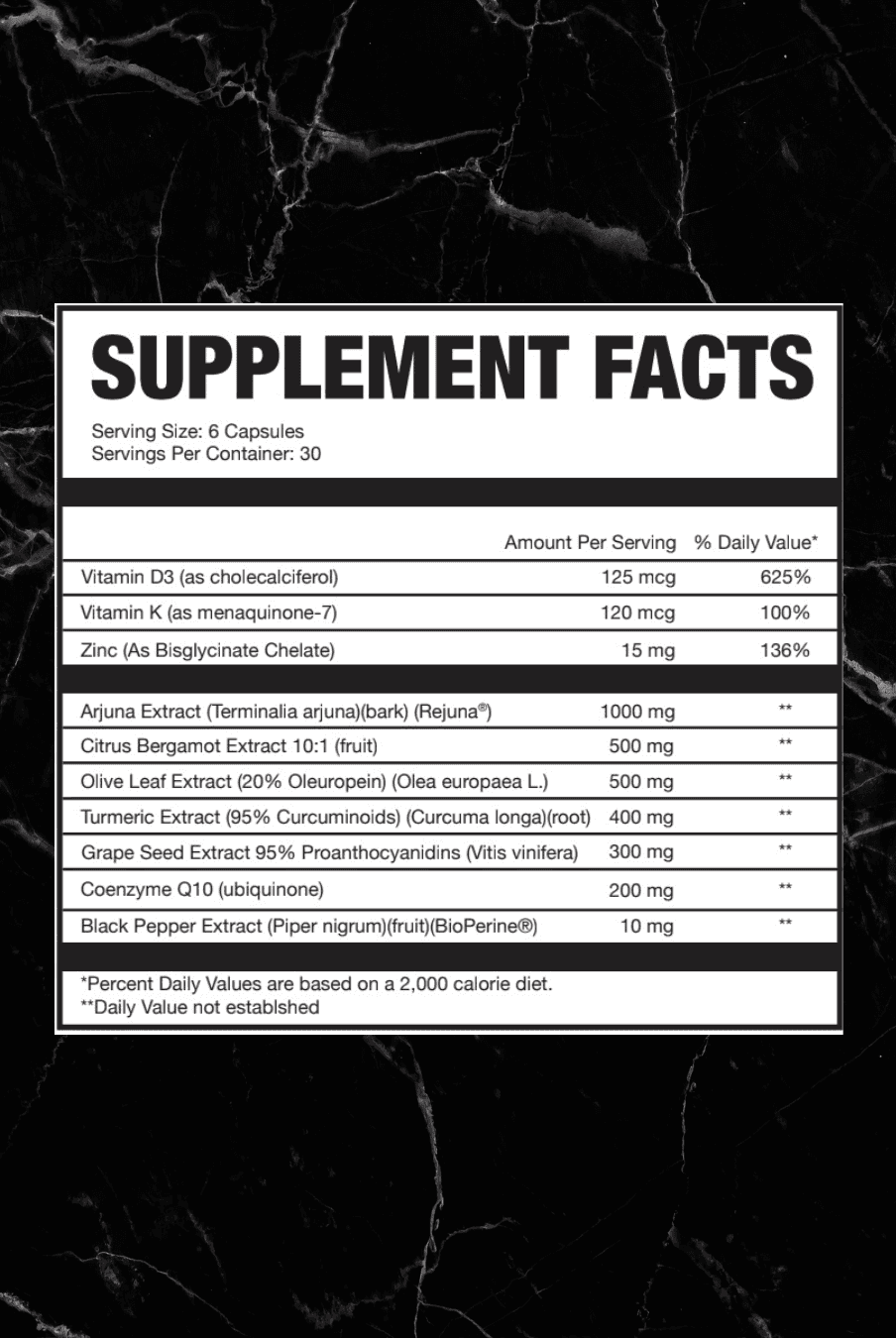 Supplement Facts label for Axe & Sledge Heart+ showing key ingredients like Vitamin D3, Rejuna®, CoQ10, and BioPerine® for heart health support.