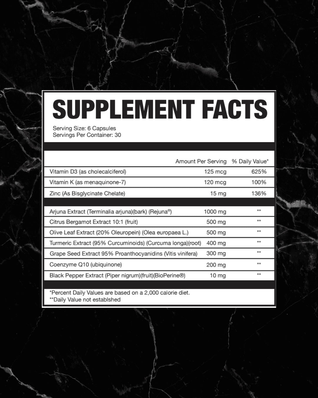 Supplement Facts label for Axe & Sledge Heart+ showing key ingredients like Vitamin D3, Rejuna®, CoQ10, and BioPerine® for heart health support.