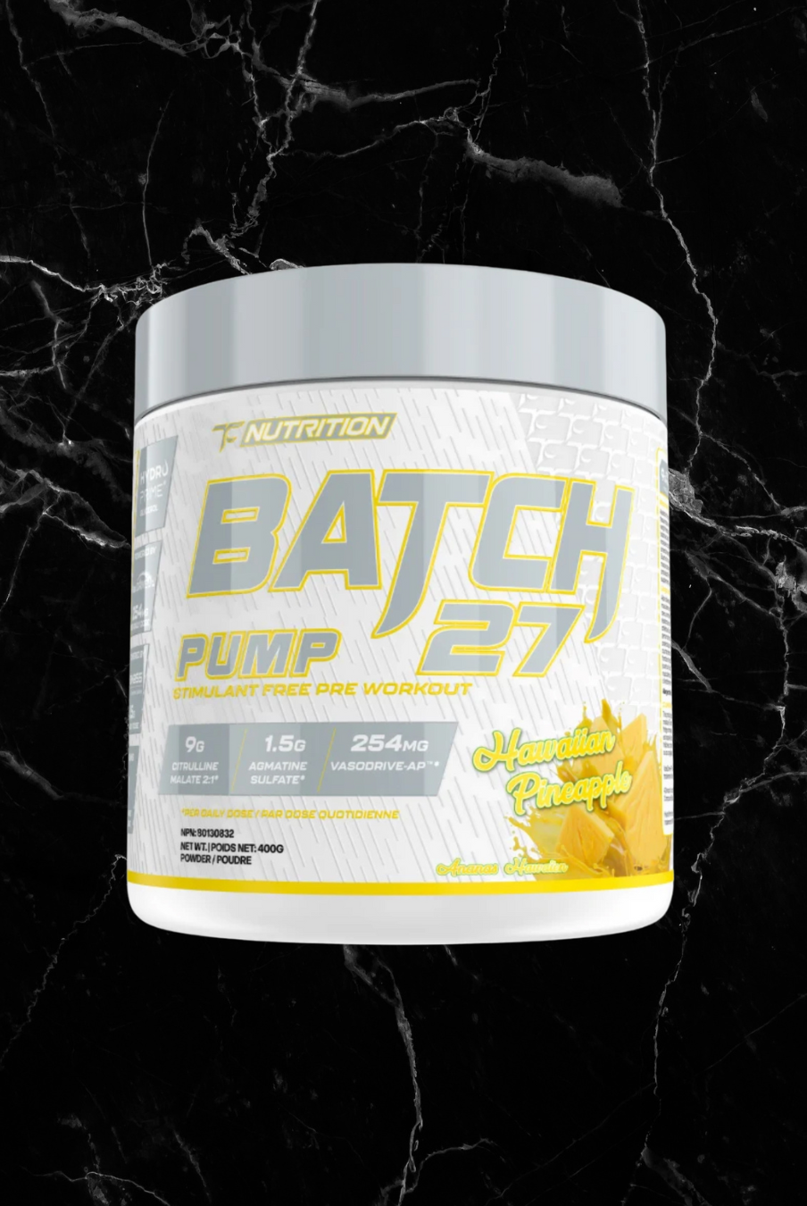 TC Nutrition Pump - Non Stim Hawaiian Pineapple flavor pre-workout. Delivers powerful muscle pumps and hydration without caffeine or stimulants.