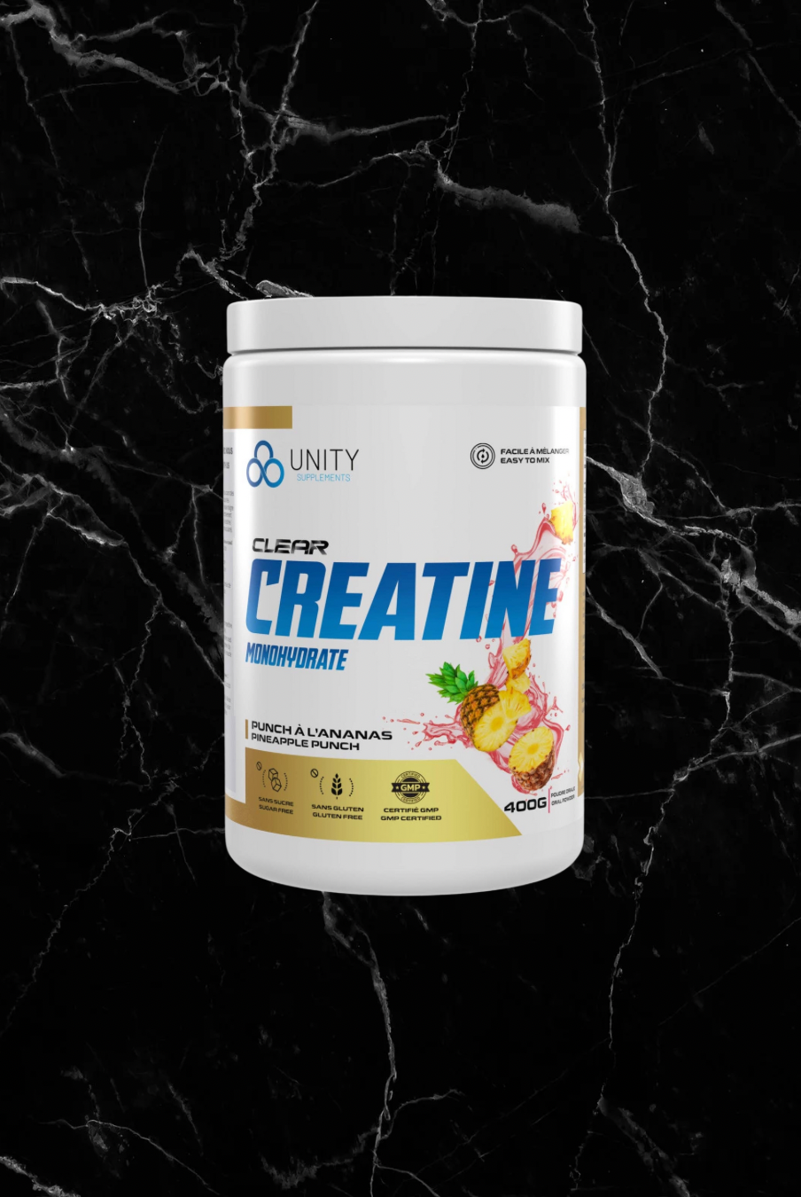 Unity Supplements Creatine Pineapple Punch container with tropical fruit graphics. Flavoured creatine monohydrate for muscle power boost.