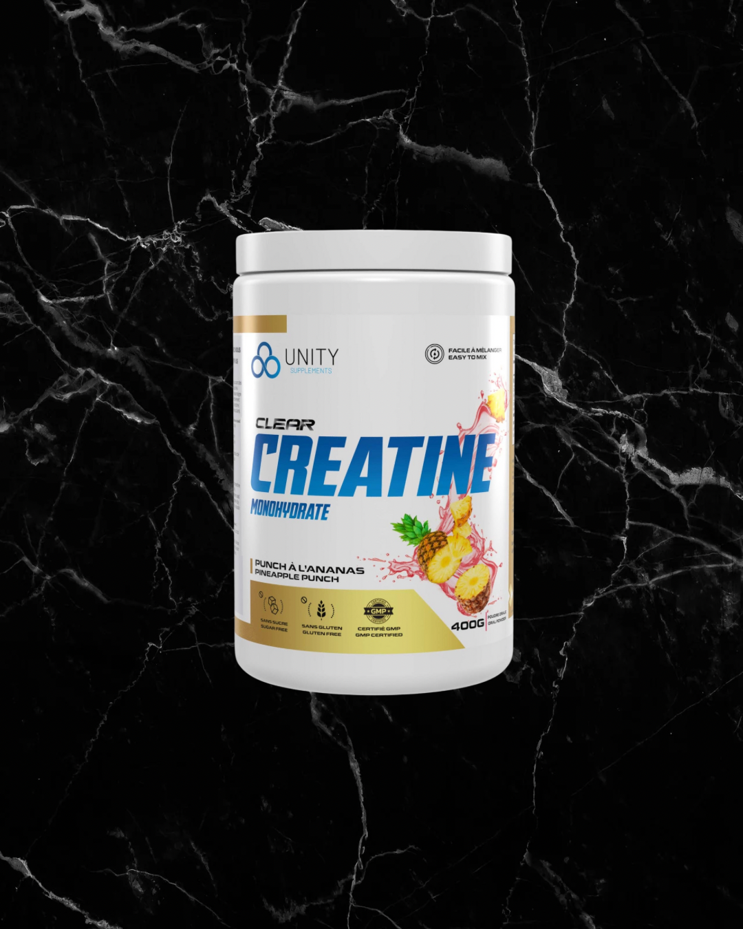 Unity Supplements Creatine Pineapple Punch container with tropical fruit graphics. Flavoured creatine monohydrate for muscle power boost.