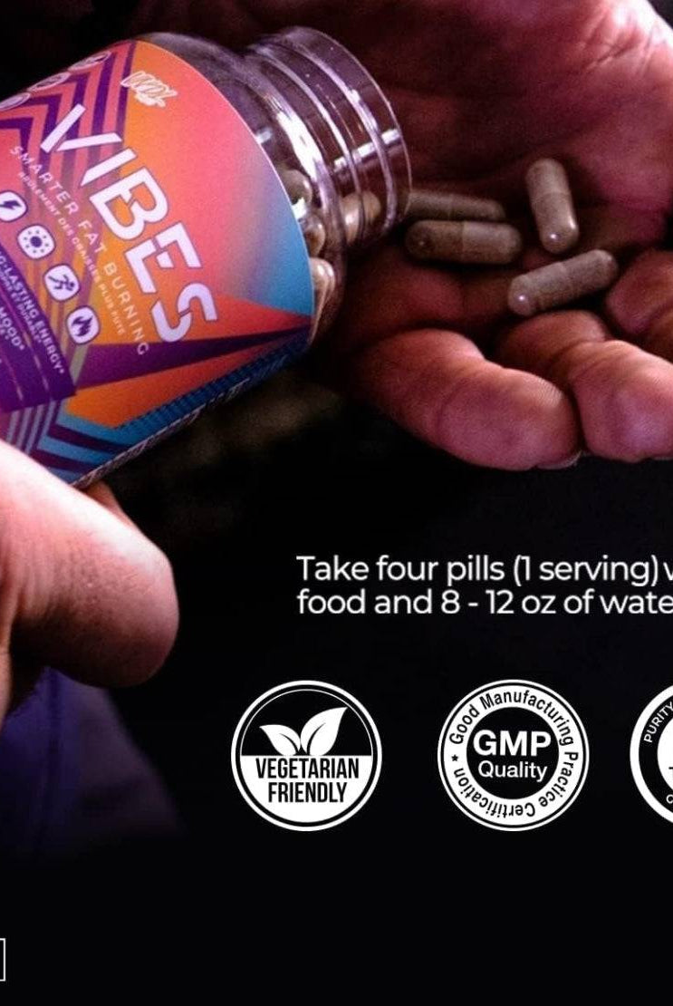 Hand holding VNDL Vibes bottle and capsules with usage instructions