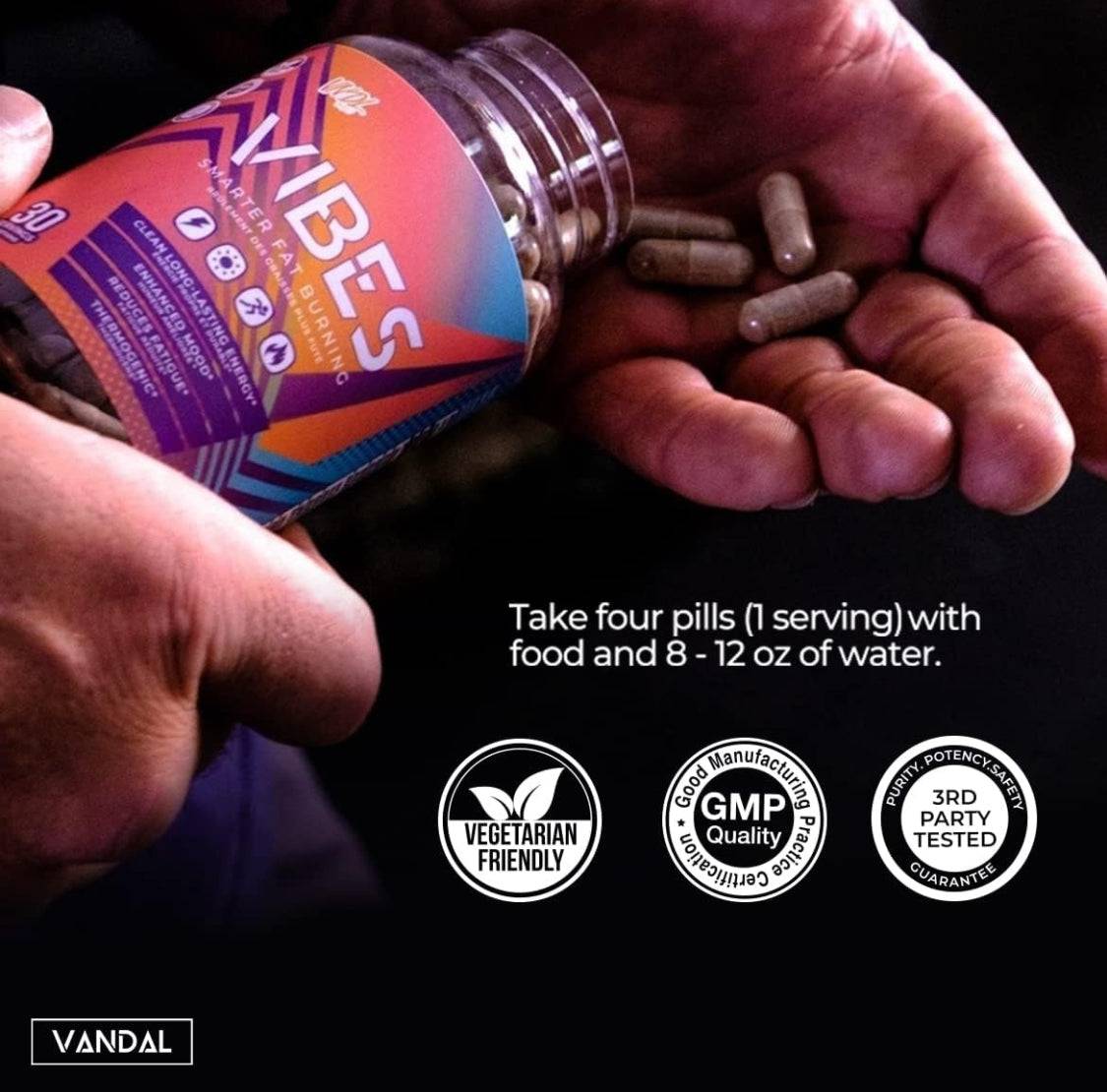 Hand holding VNDL Vibes bottle and capsules with usage instructions