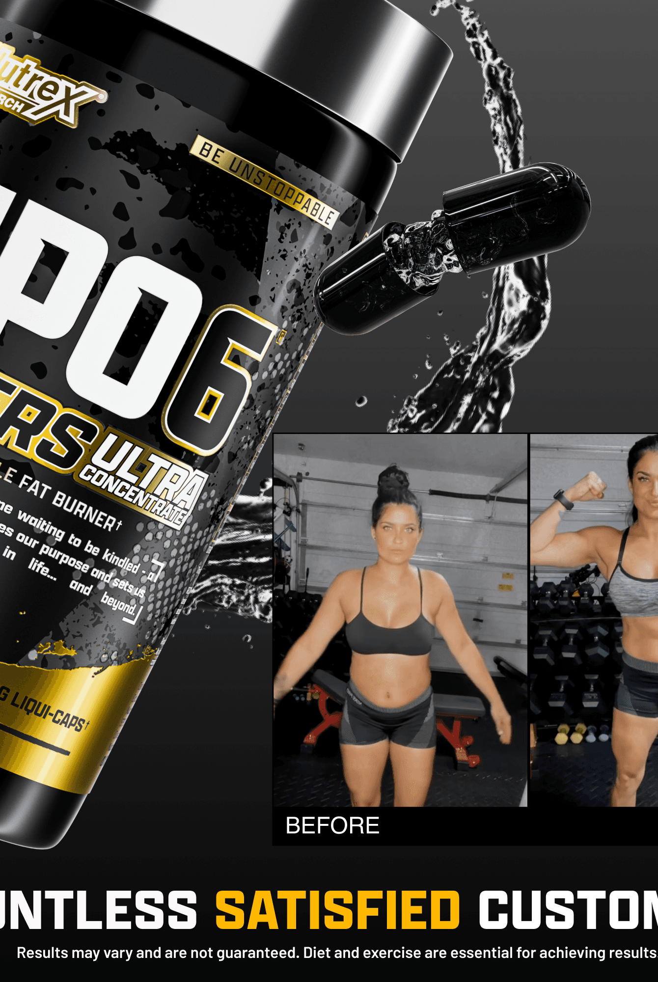 Nutrex Lipo6 HERS Ultra before and after transformation photo with product bottle, showcasing weight loss results for women.
