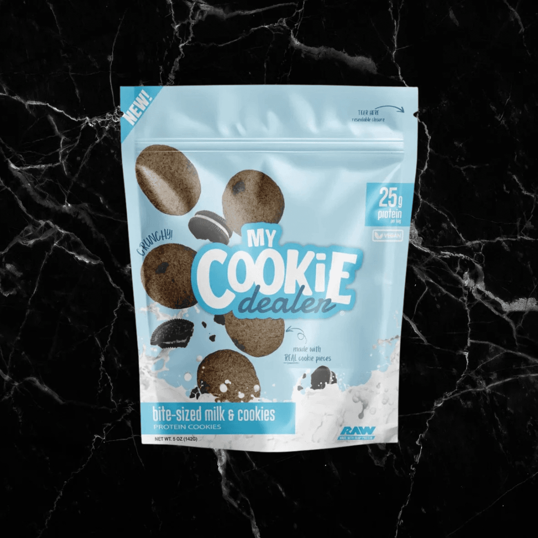 Bite-Sized Protein Cookies - My Cookie Dealer milk & cookies flavor with real cookie pieces and 25g protein per bag. Perfect for nutritious snacking.