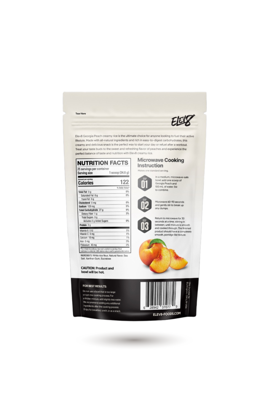 Back of ELEV8 Creamy Rice Georgia Peach pouch showing nutrition facts and microwave instructions. Clean energy snack for active lifestyles.