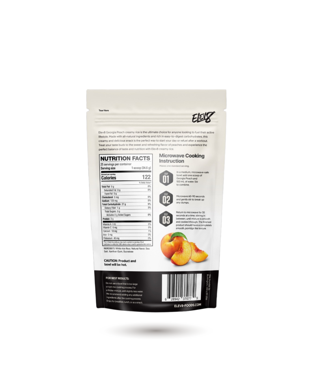 Back of ELEV8 Creamy Rice Georgia Peach pouch showing nutrition facts and microwave instructions. Clean energy snack for active lifestyles.