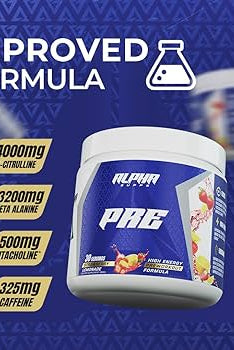 Alpha Supps Pre-Workout Raspberry Lemonade with improved formula details including L-Citrulline, Beta Alanine, and caffeine content.