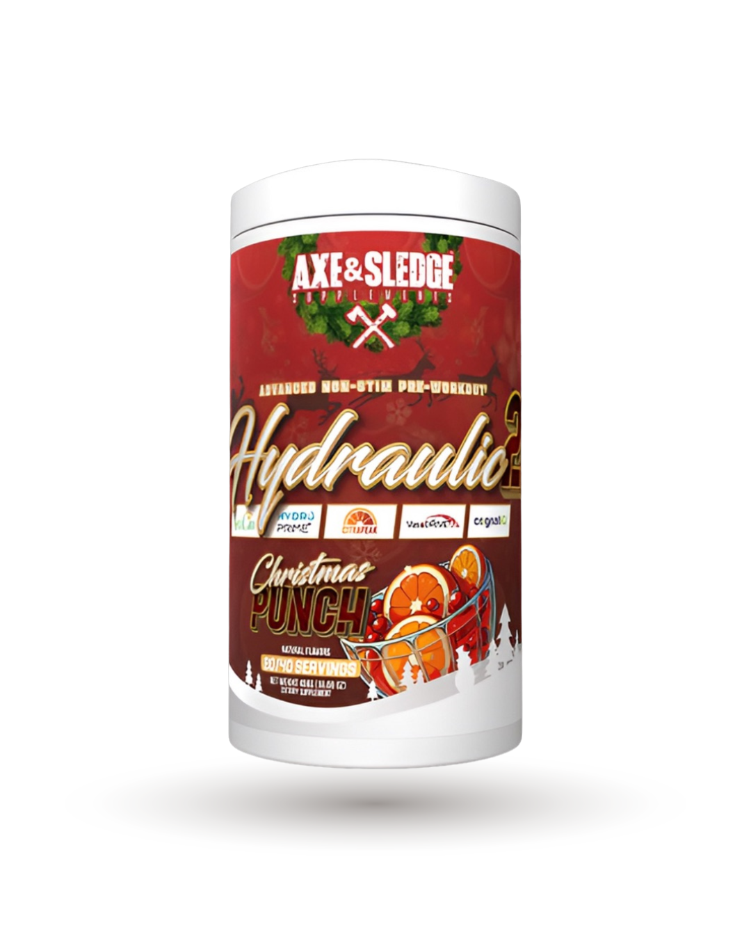 Axe Sledge Hydraulic V2 Christmas Punch limited edition non-stim pre-workout with festive flavor and performance-boosting ingredients.