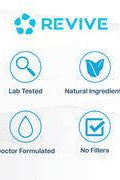 Revive brand icons showing lab tested, natural ingredients, doctor formulated, and no fillers for AdrenalCORE stress support supplement.