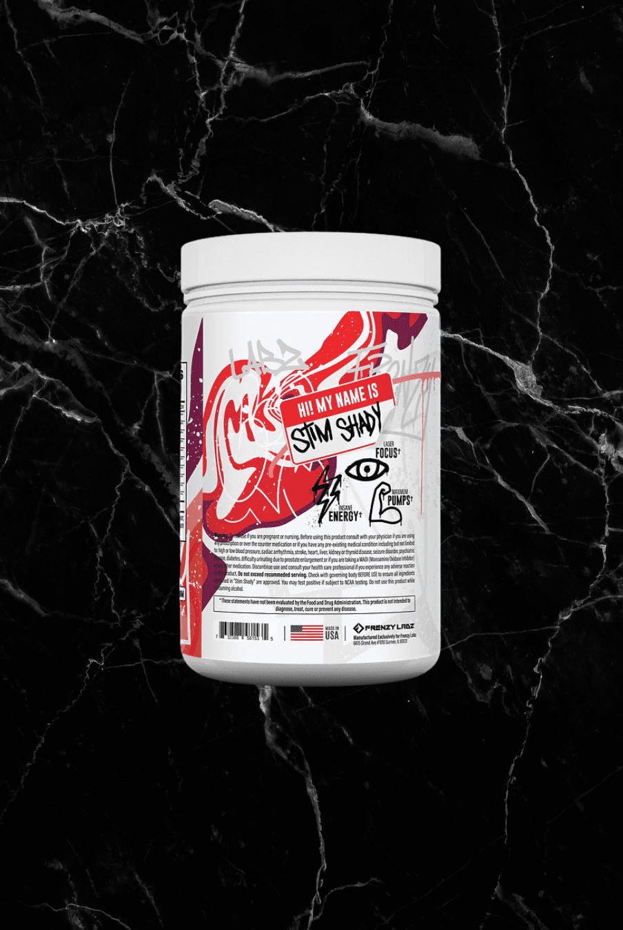 Supplement facts and benefits on the back of Stim Shady Pre Workout Snow Cone flavor, highlighting energy, focus, and pump support.