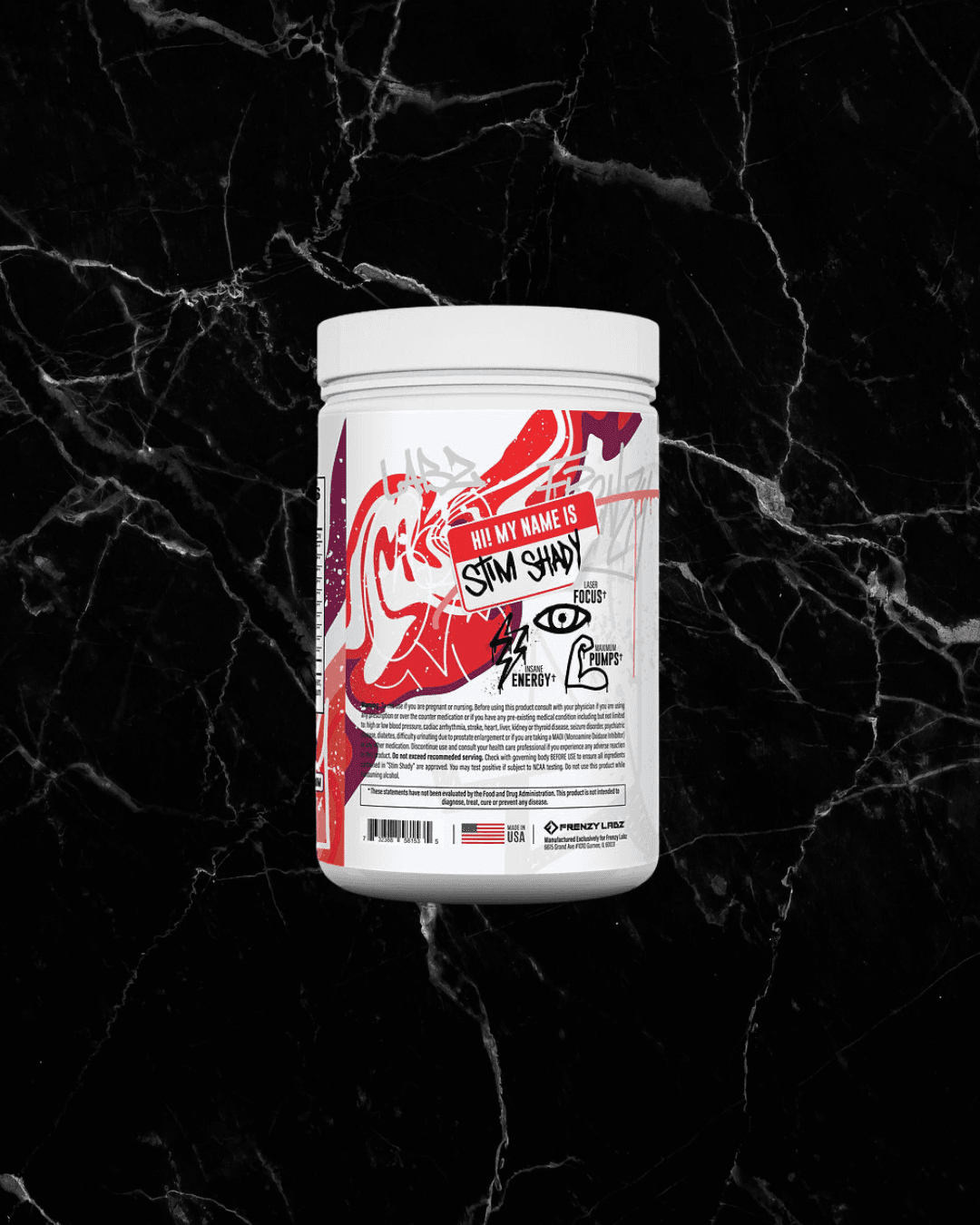 Supplement facts and benefits on the back of Stim Shady Pre Workout Snow Cone flavor, highlighting energy, focus, and pump support.