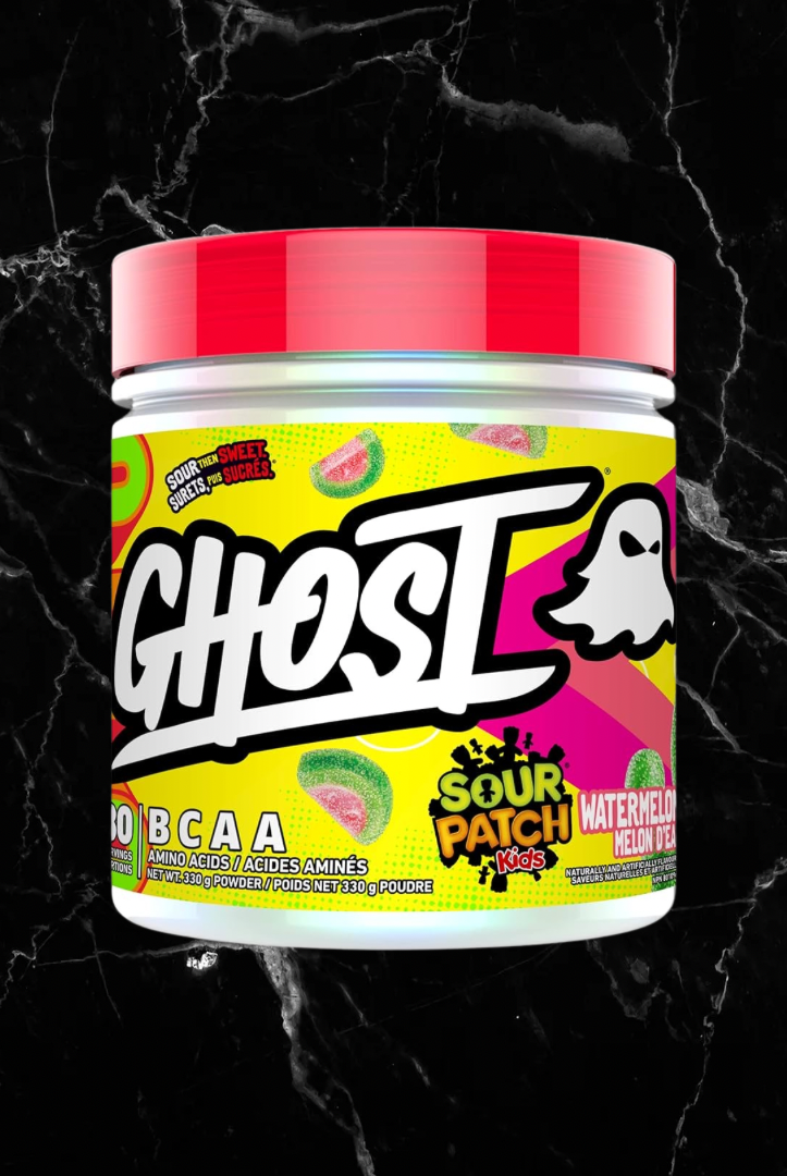 GHOST BCAAs Sour Patch Kids Watermelon flavor with 7G vegan BCAAs in a vibrant yellow and red container, ideal for fitness nutrition.