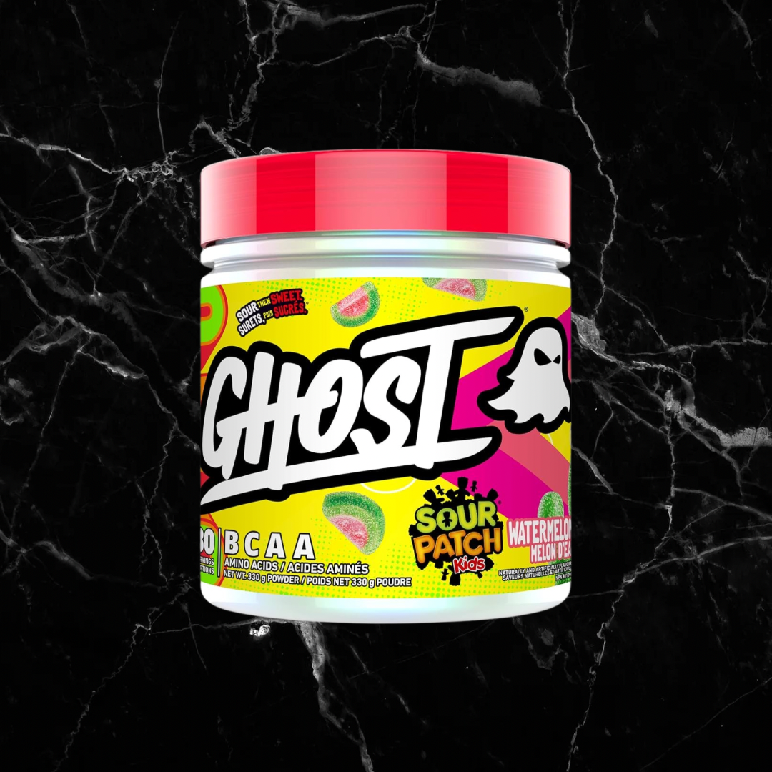 GHOST BCAAs Sour Patch Kids Watermelon flavor with 7G vegan BCAAs in a vibrant yellow and red container, ideal for fitness nutrition.