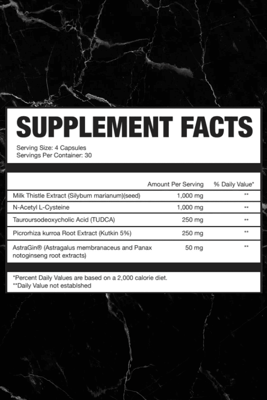 Supplement facts label for AXE & SLEDGE - Liver + showing ingredients like TUDCA, milk thistle, and N-Acetyl-L-Cysteine per 4-capsule serving.