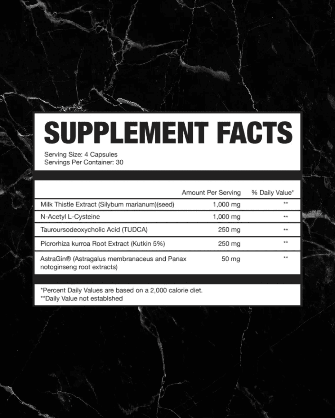Supplement facts label for AXE & SLEDGE - Liver + showing ingredients like TUDCA, milk thistle, and N-Acetyl-L-Cysteine per 4-capsule serving.