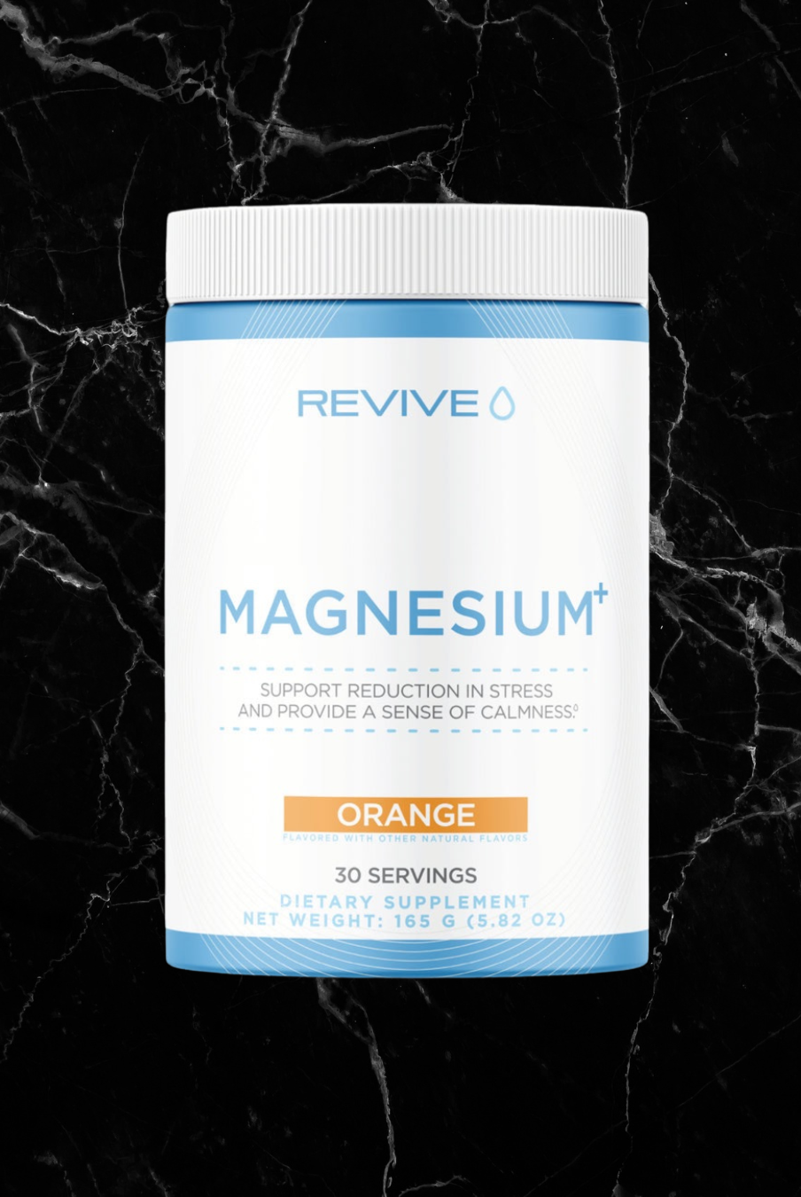 Revive Magnesium+ Orange flavor supplement for stress relief and calmness, 30 servings per container, ideal for heart and digestive support.