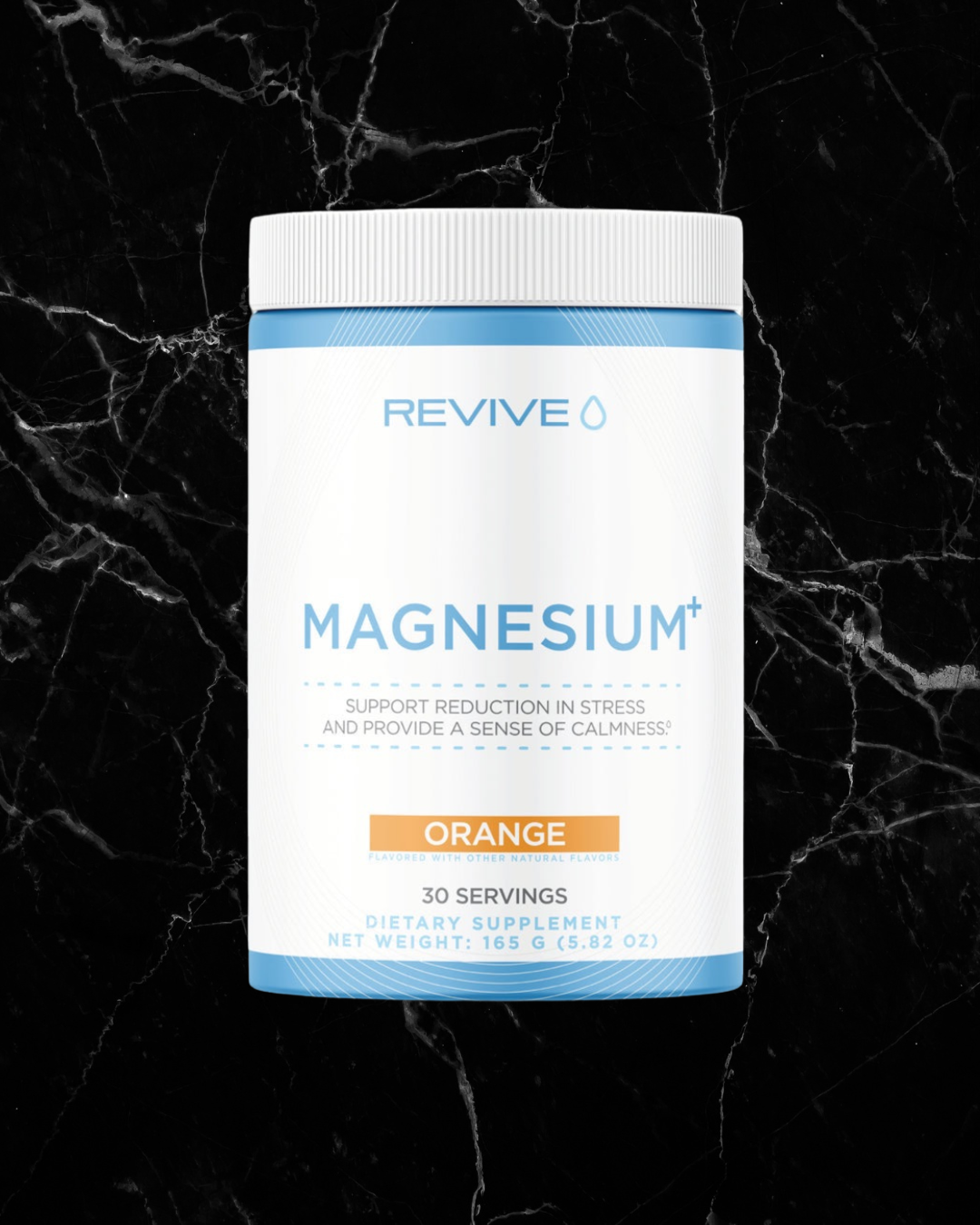Revive Magnesium+ Orange flavor supplement for stress relief and calmness, 30 servings per container, ideal for heart and digestive support.