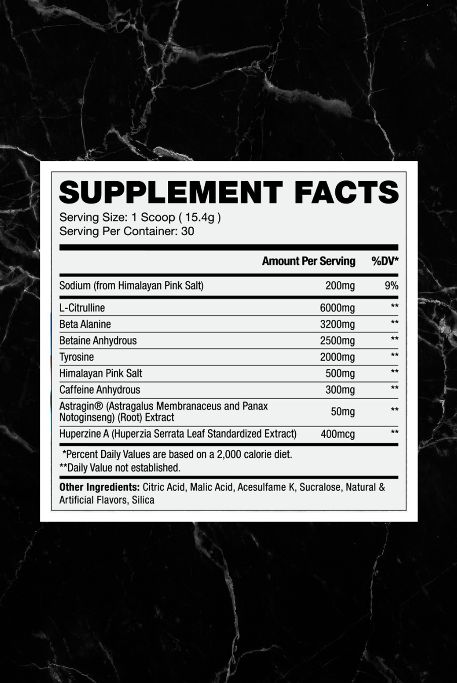 Supplement facts label for Apollon Gym Classic Pre Workout, detailing ingredients like L-Citrulline, Beta Alanine, and Caffeine for fitness support.