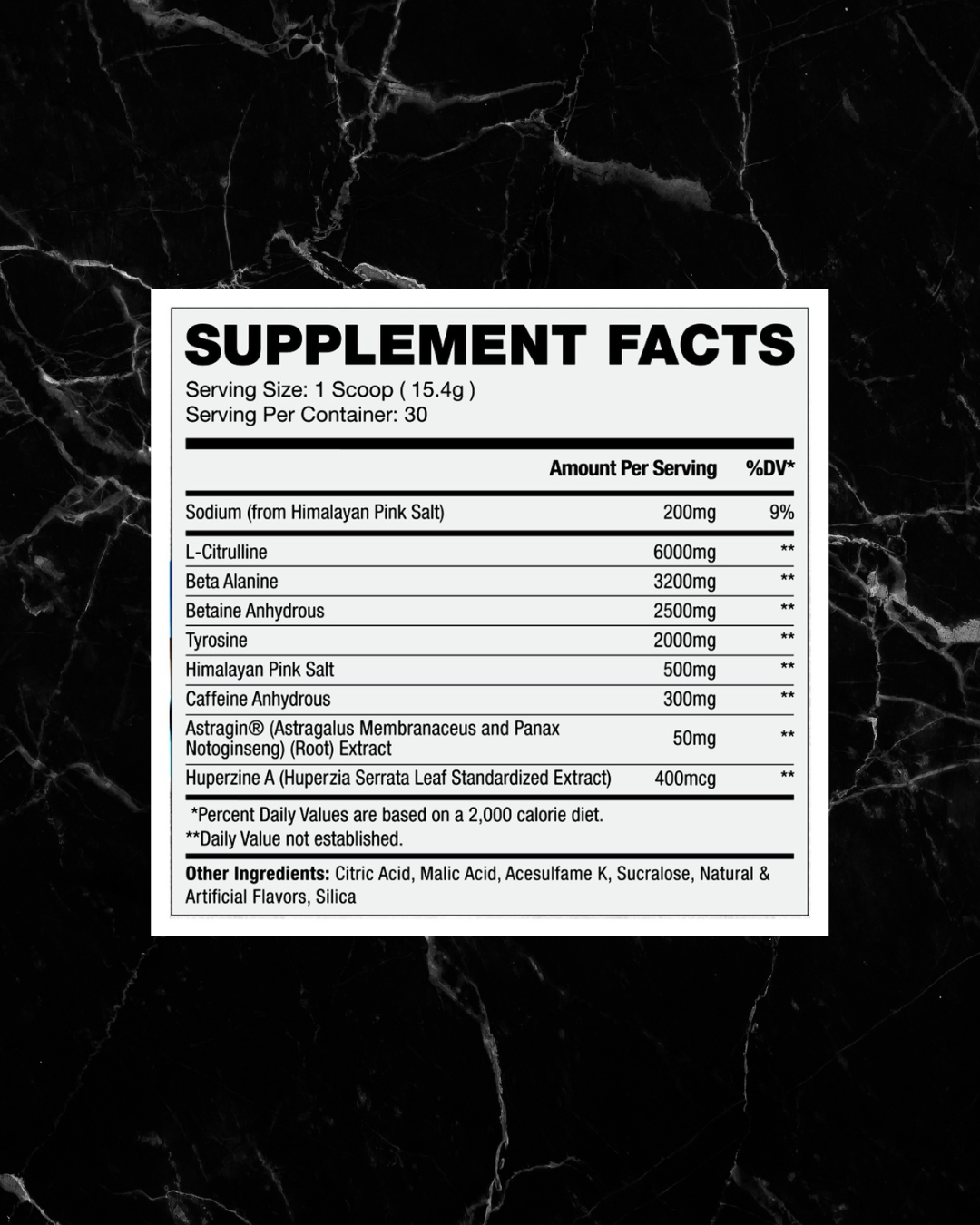 Supplement facts label for Apollon Gym Classic Pre Workout, detailing ingredients like L-Citrulline, Beta Alanine, and Caffeine for fitness support.