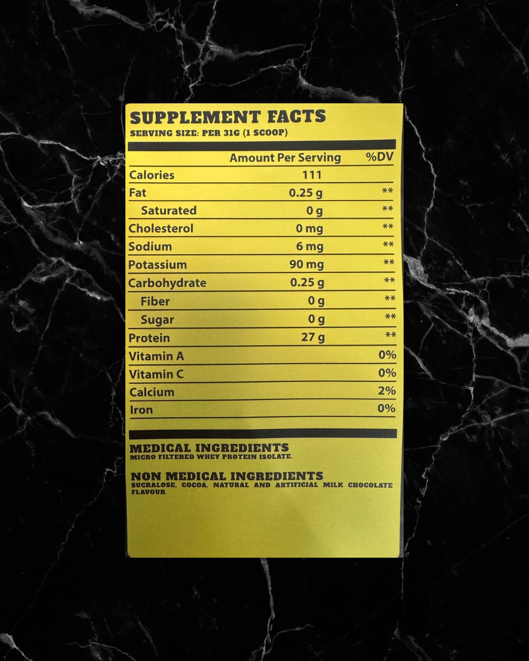 Nutrition label for BulkBully Whey Protein Isolate - Chocolate showing 27g protein per scoop, 0 carbs, and low fat content. Perfect for high-protein diets.