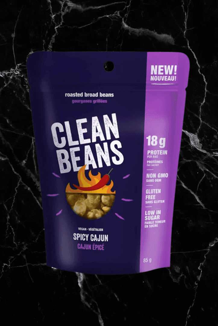 Clean Beans Spicy Cajun flavour protein snack with 18g protein. Vegan roasted broad beans perfect for on-the-go nutrition.