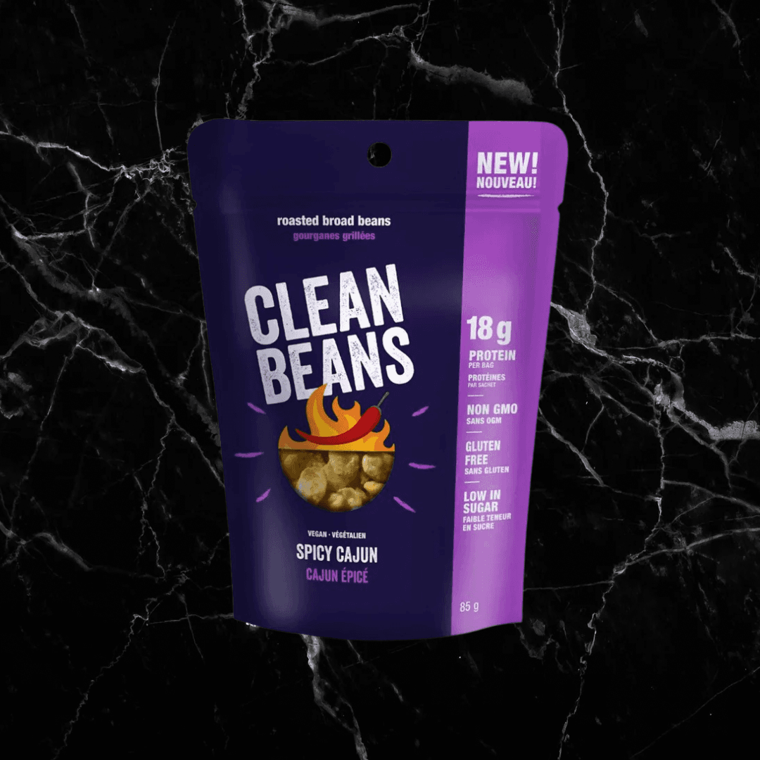 Clean Beans Spicy Cajun flavour protein snack with 18g protein. Vegan roasted broad beans perfect for on-the-go nutrition.