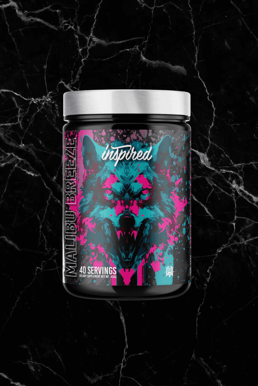 INSPIRED DVST8 Dark Pre Workout MALIBU BREEZE flavor with vibrant blue and pink wolf design, 40 servings for relentless workout energy.