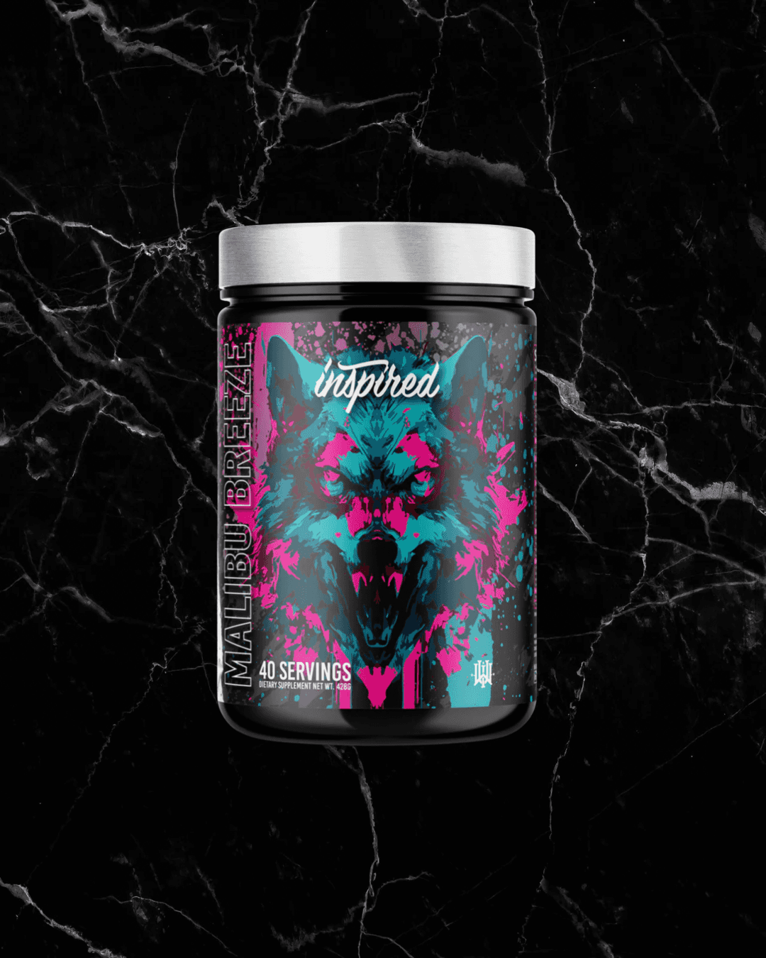 INSPIRED DVST8 Dark Pre Workout MALIBU BREEZE flavor with vibrant blue and pink wolf design, 40 servings for relentless workout energy.