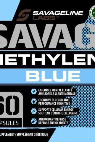 Detailed product label of Savageline Labs Methylene Blue 10mg supplement showing ingredients, usage directions, and health benefits.