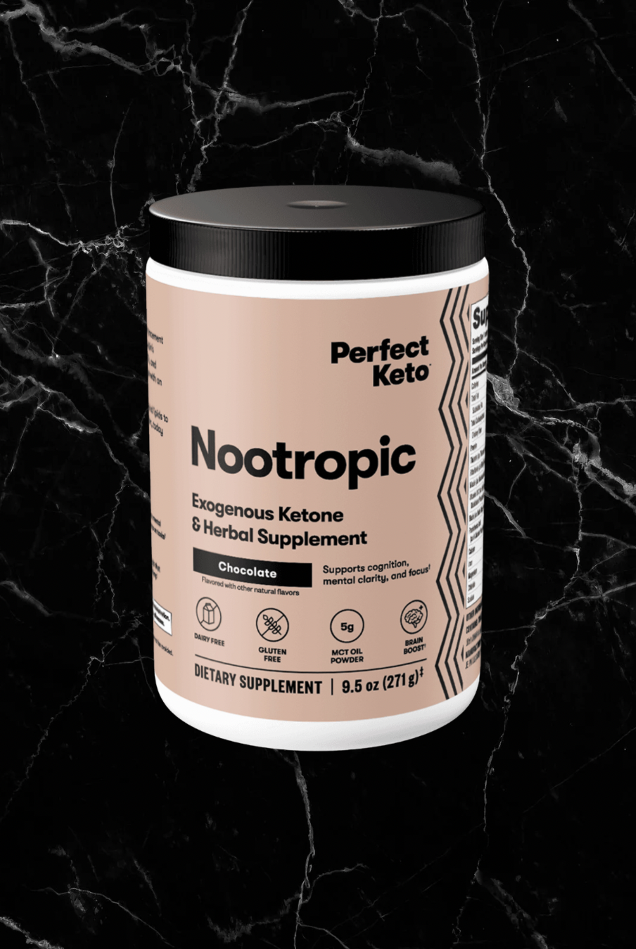Perfect Keto Nootropic Chocolate supplement with exogenous ketones and herbal blend for focus and clarity, shown on a black marble background.
