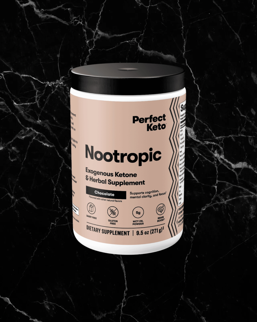 Perfect Keto Nootropic Chocolate supplement with exogenous ketones and herbal blend for focus and clarity, shown on a black marble background.