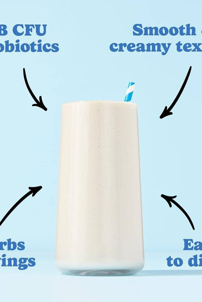 Glass of goodprotein vanilla shake highlighting 1B CFU probiotics, smooth texture, easy digestion, and craving control for keto-friendly diets.