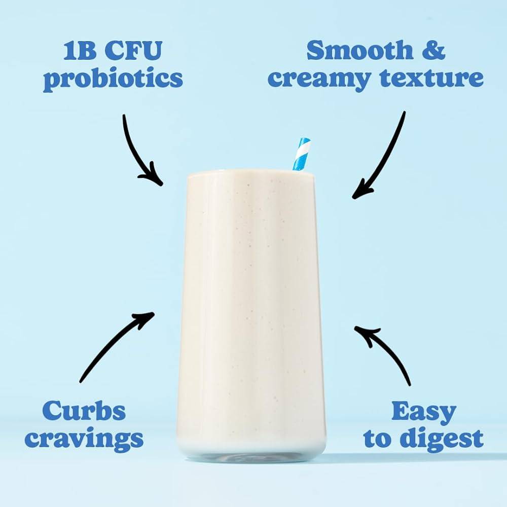 Glass of goodprotein vanilla shake highlighting 1B CFU probiotics, smooth texture, easy digestion, and craving control for keto-friendly diets.
